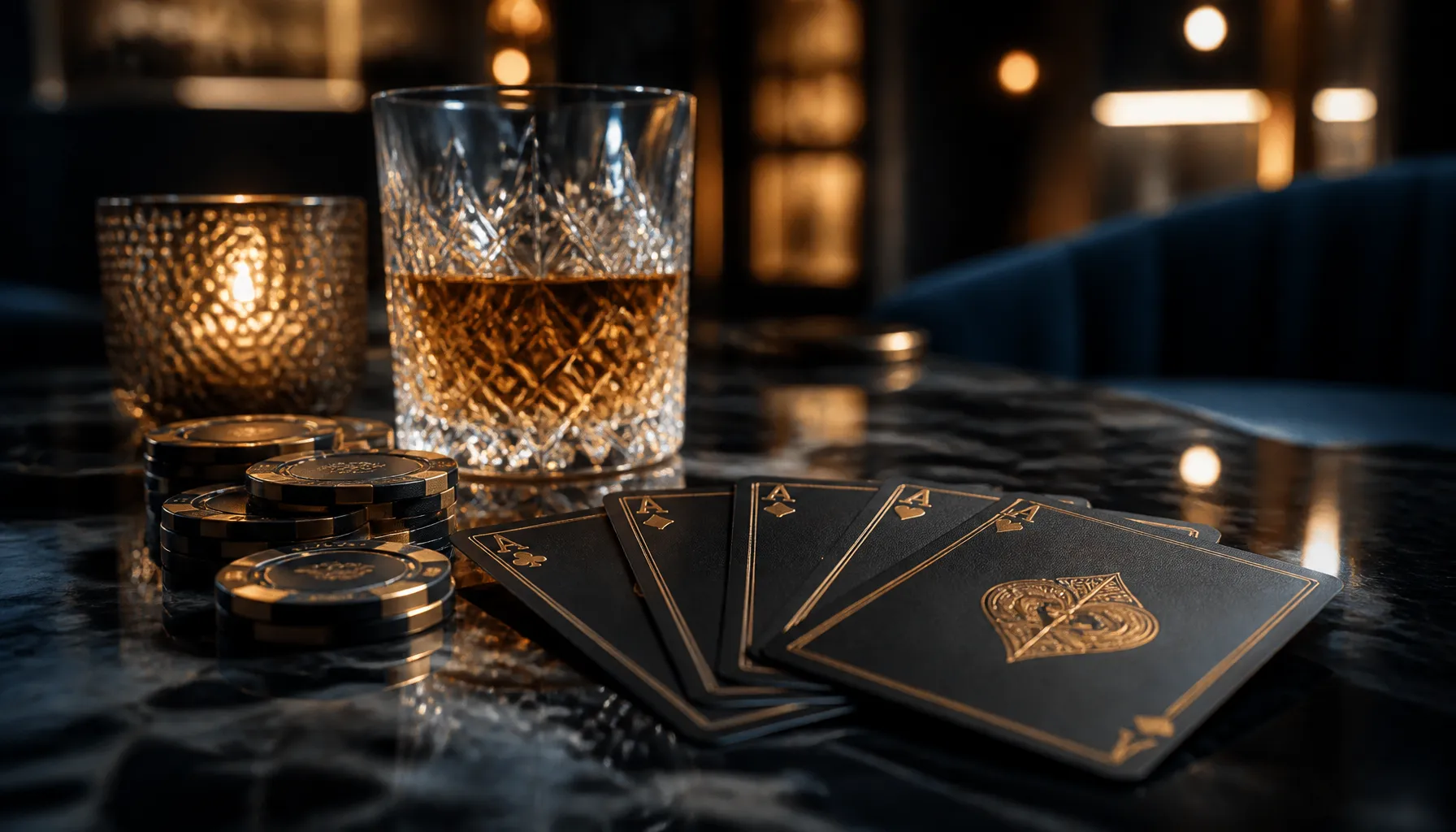 Fanned playing cards with a joker card on deep purple velvet surface under dramatic cinematic lighting